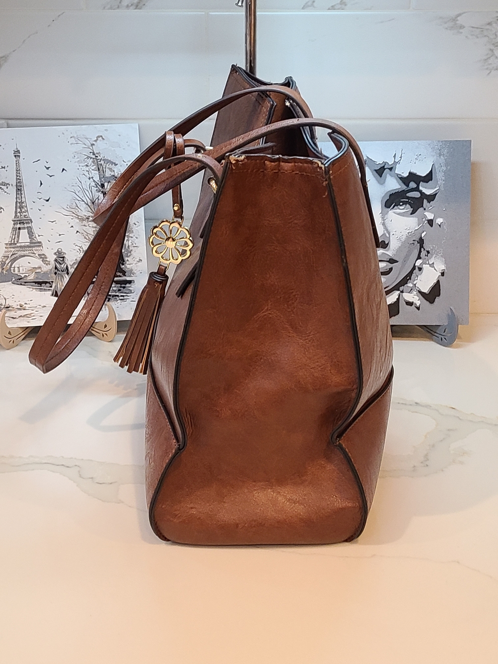 Bueno Brown Leather Tote with Tassel Charm - Picture 4 of 15